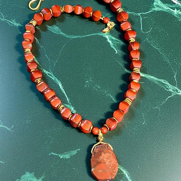 Red Jasper Statement Necklace with Faceted Pendant – Natural Stone Jewelry - Picture 4 of 7